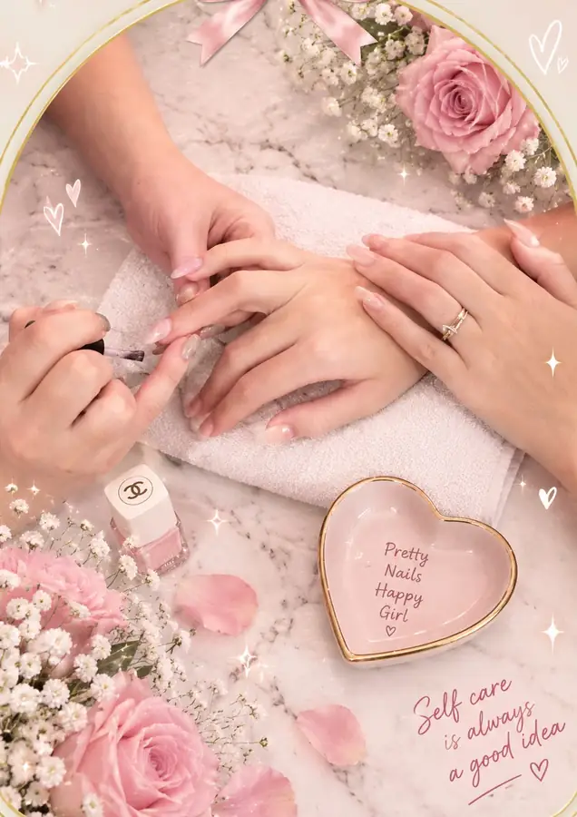 Soft pink almond manicure on marble with roses